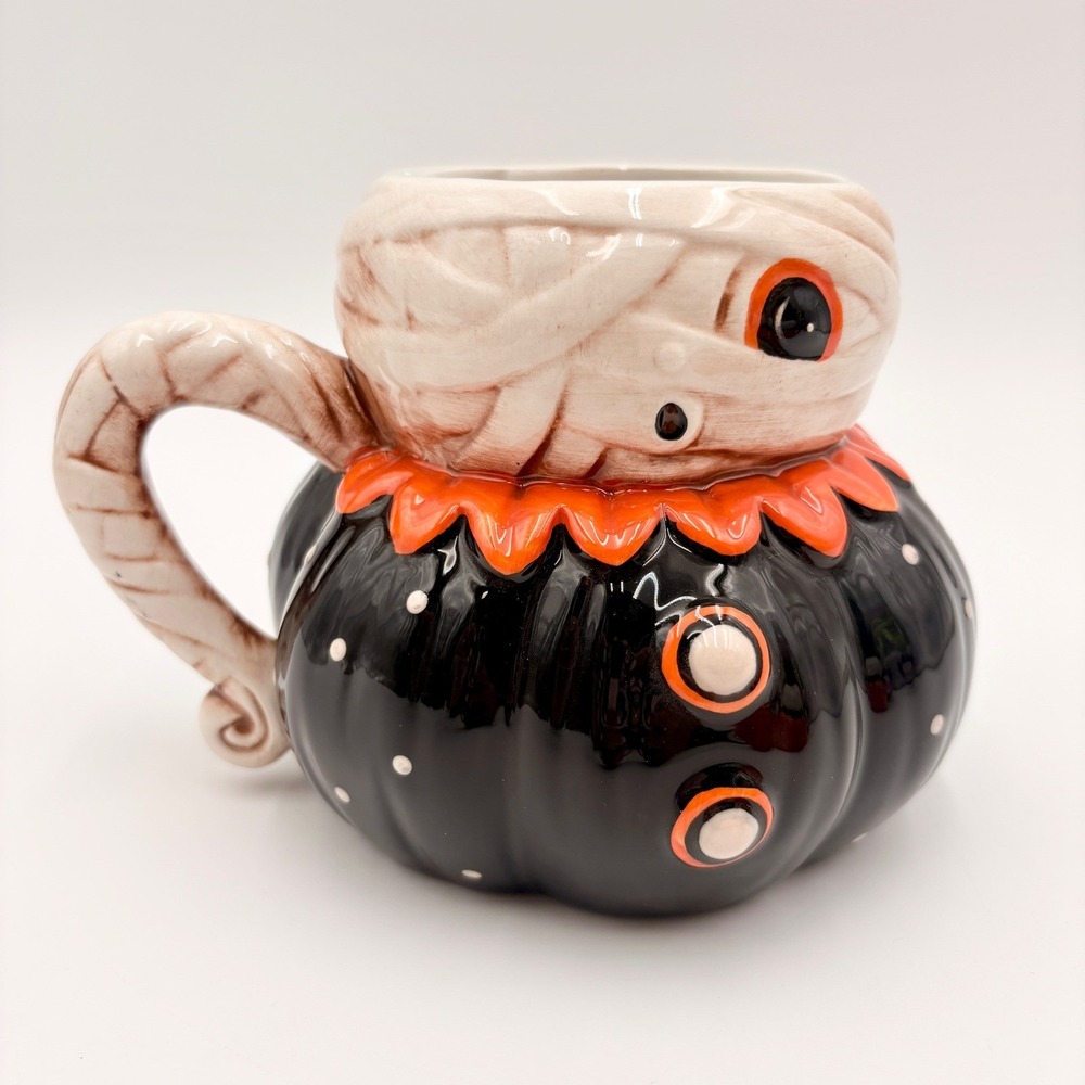 Johanna Parker Transpac Halloween Mummy Pumpkin Mug Black Polka Dot Ceramic New